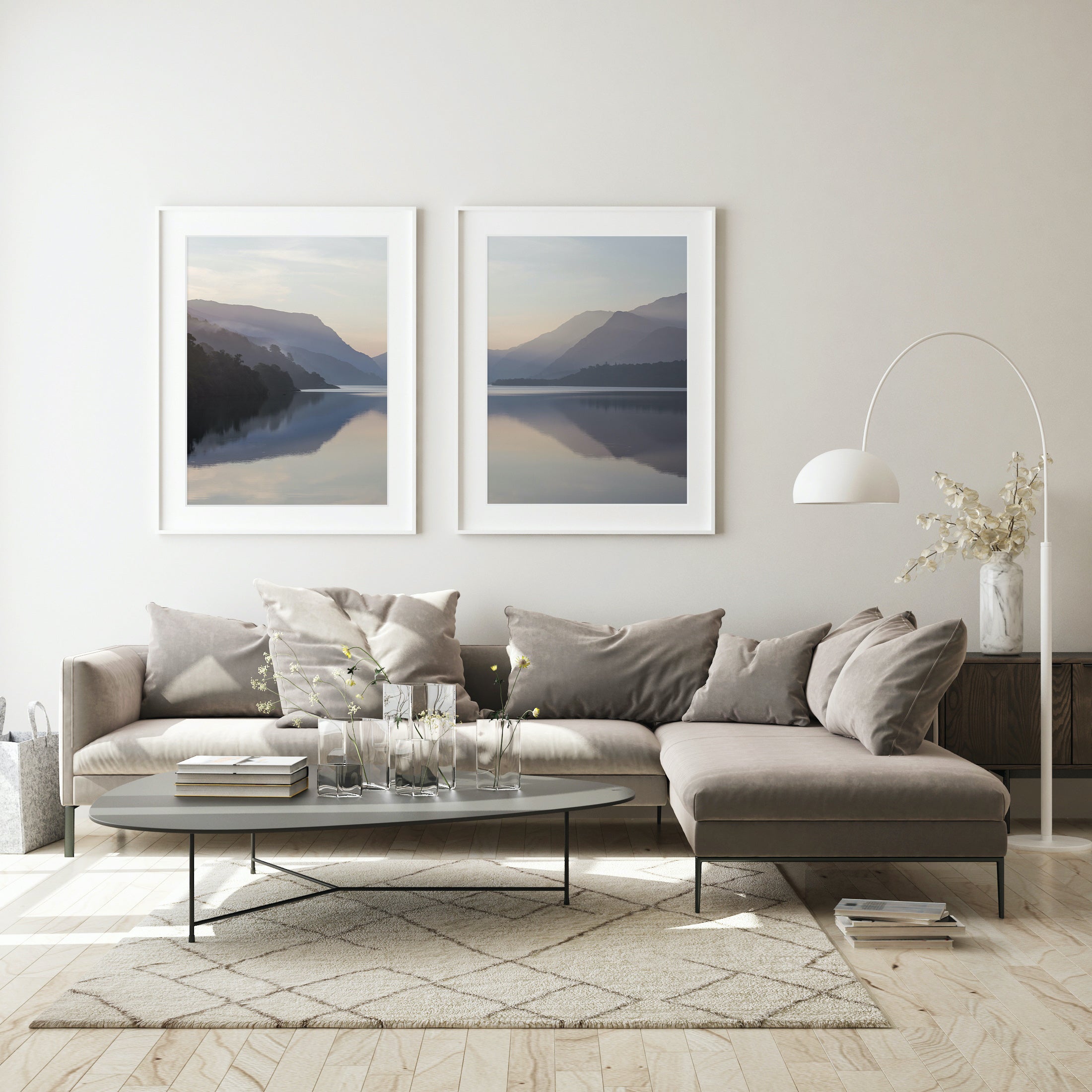 set of 2 framed prints over couch