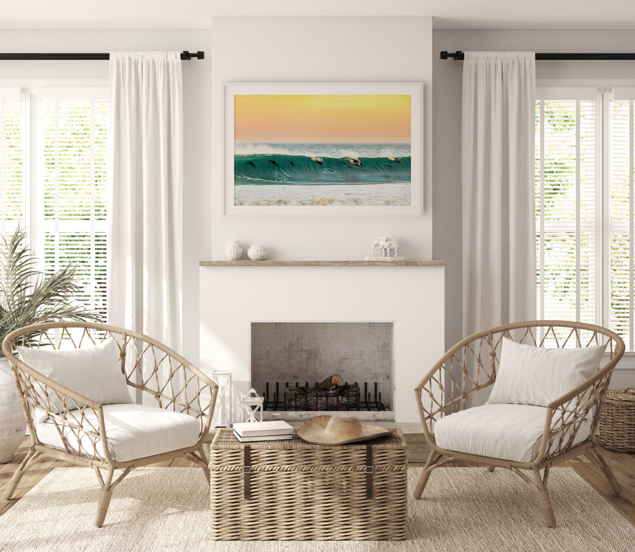 beach house living room with ocean art