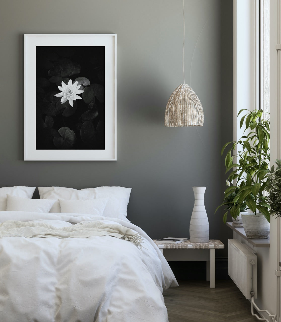 black and white flower print over bed