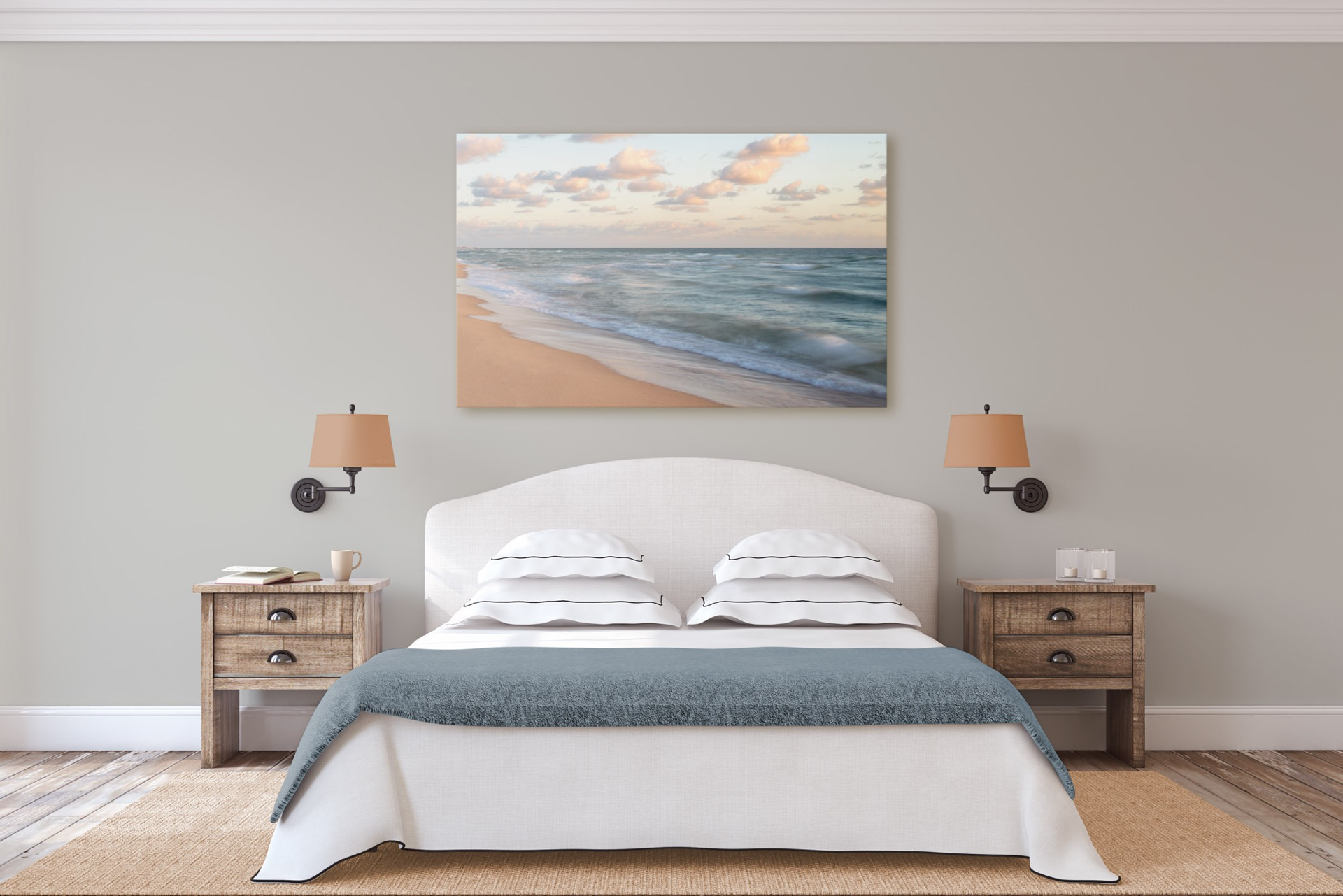 contemporary coastal bedroom with beach sunrise wall art