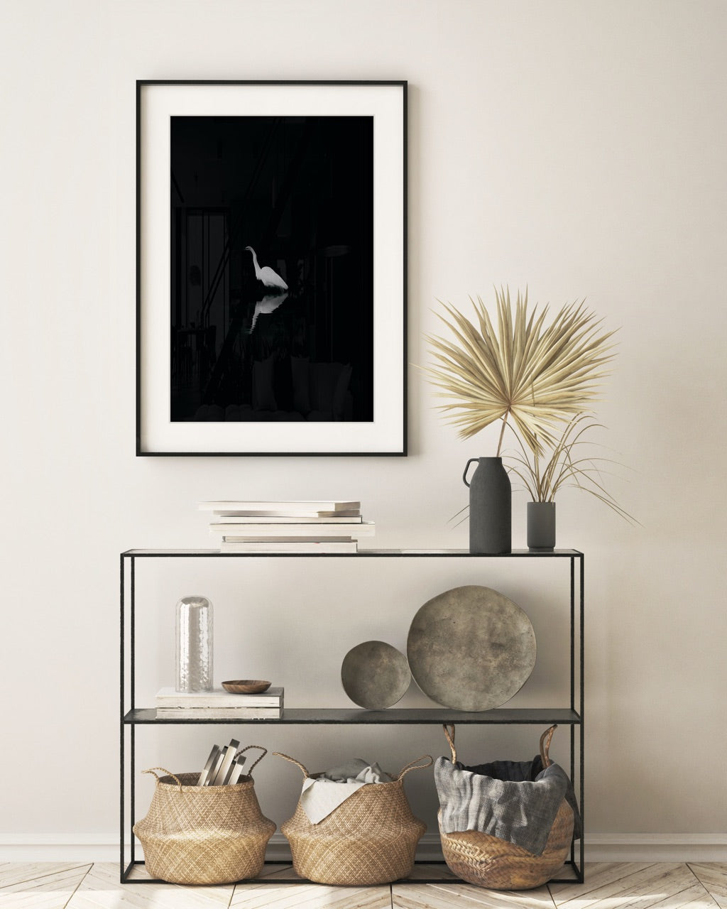 black and white framed photograph in entryway