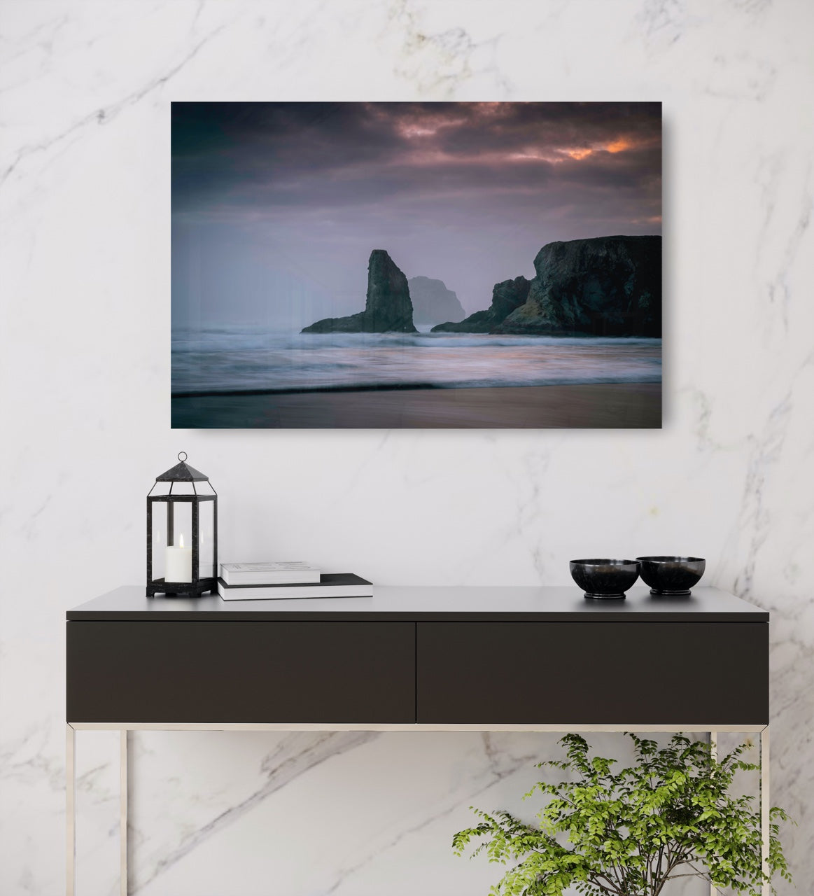 Abstract ocean wall art in entryway