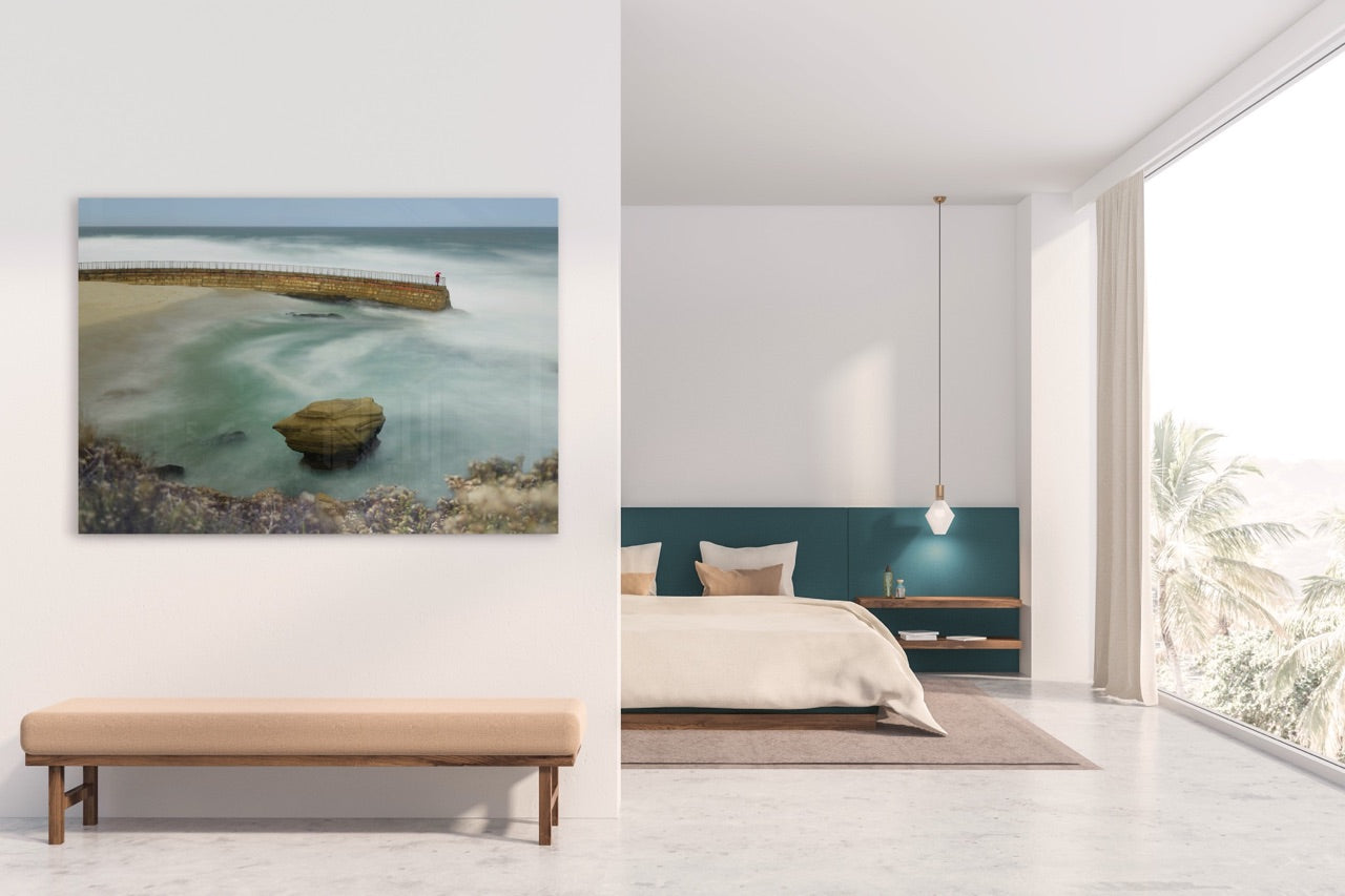 coastal photography in modern bedroom