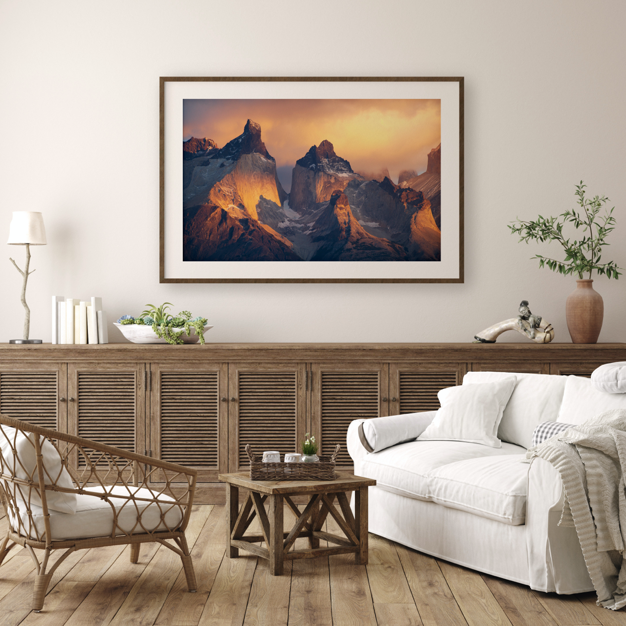 framed mountain photograph in living room