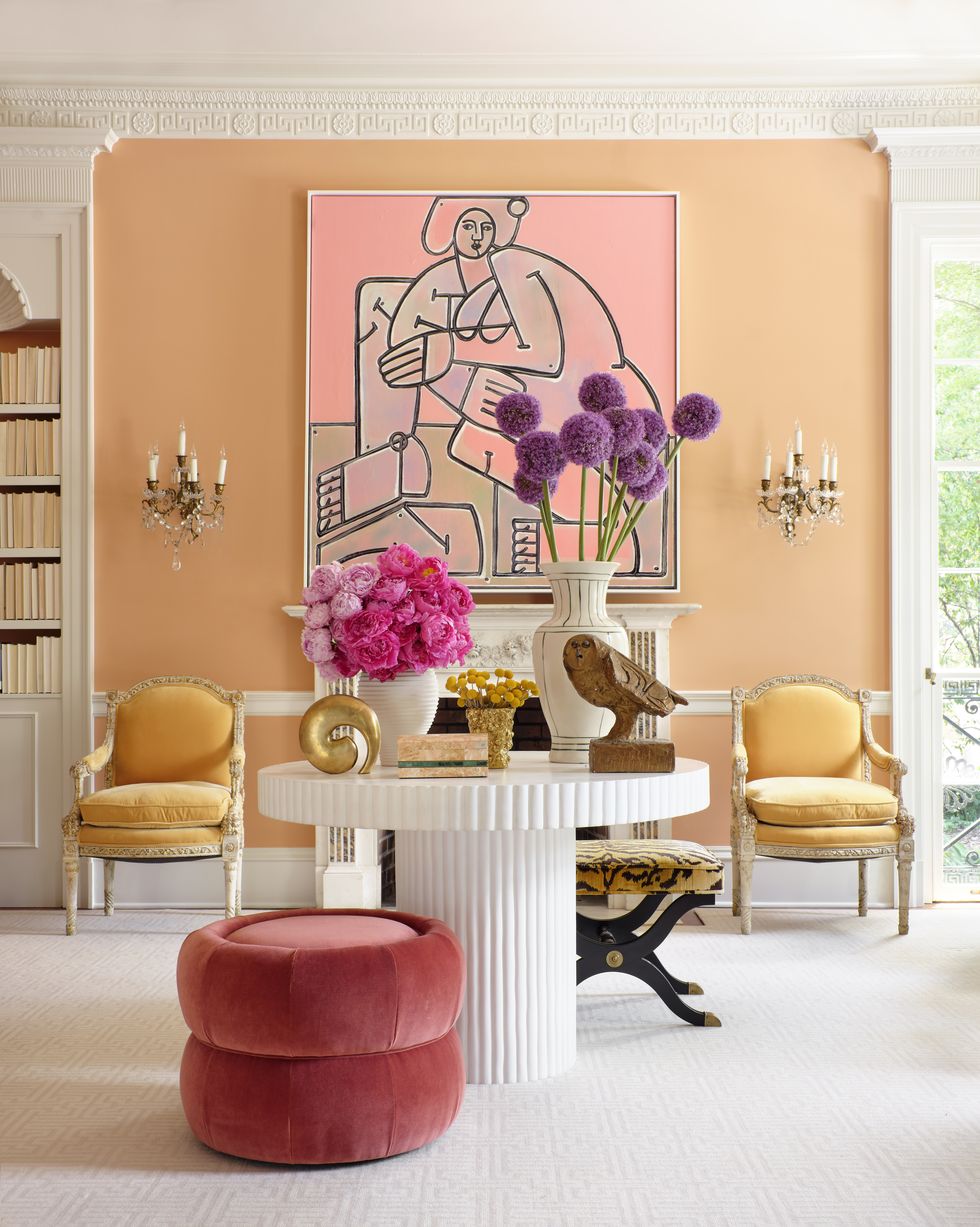 contemporary living room with peach and pink accents
