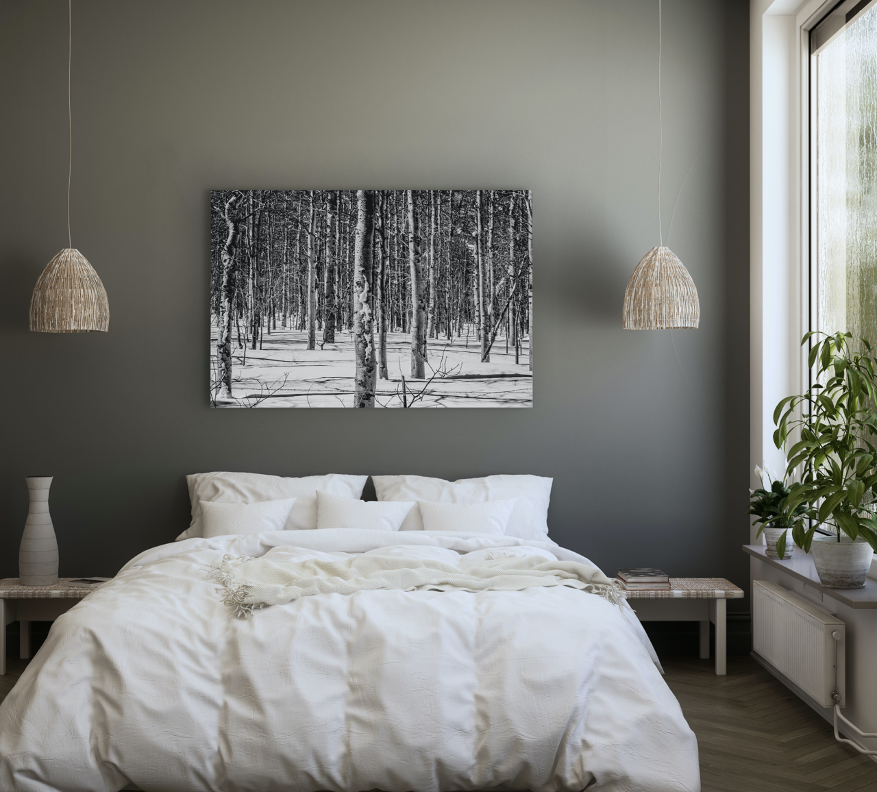 bedroom with black and white forest art print