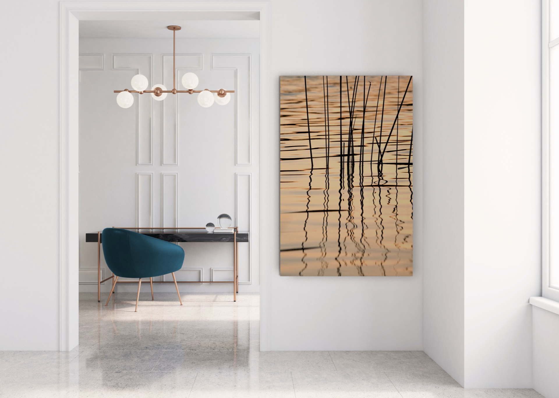 sleek modern home with abstract peach wall art