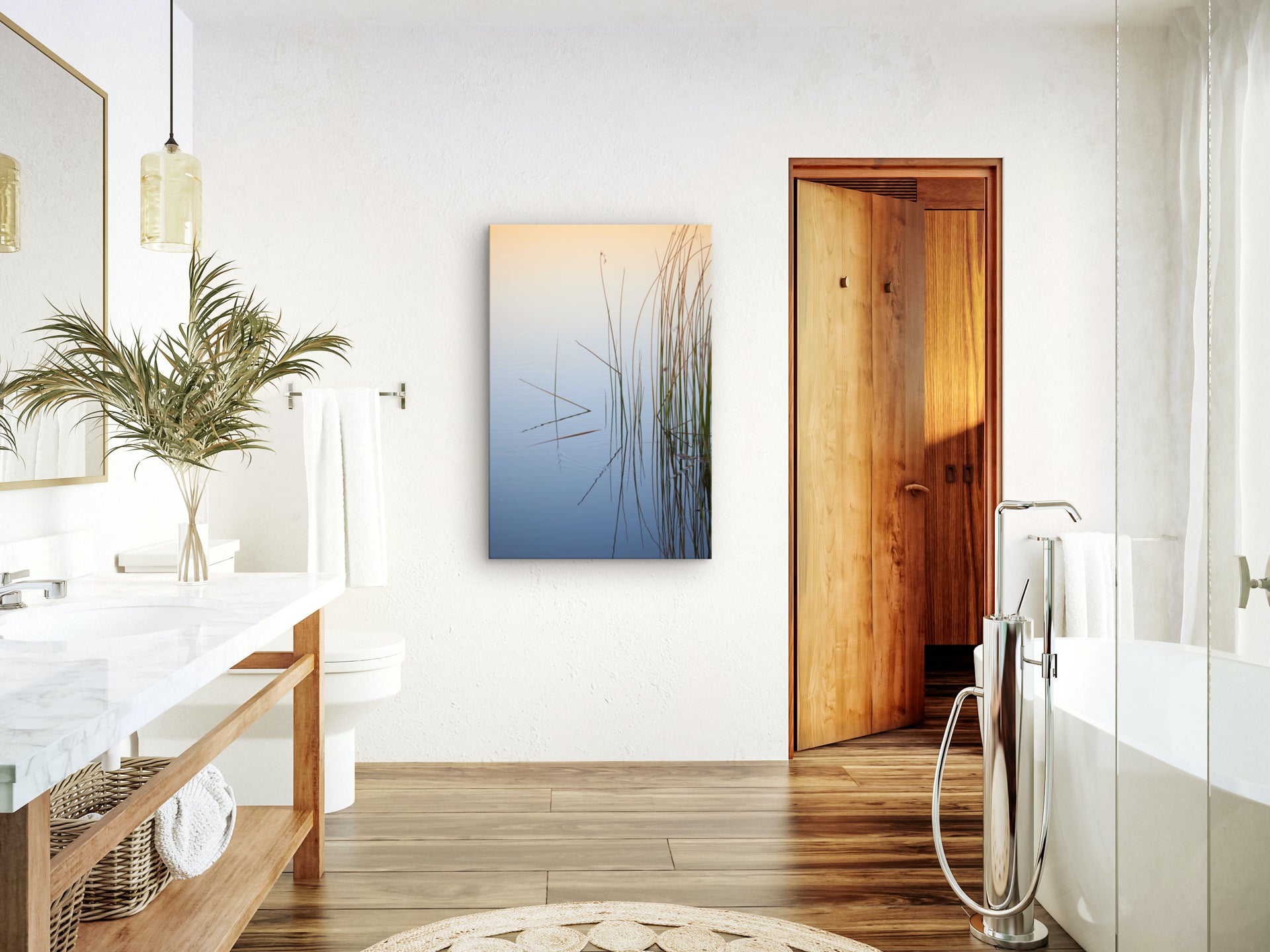 modern coastal bathroom with abstract water art