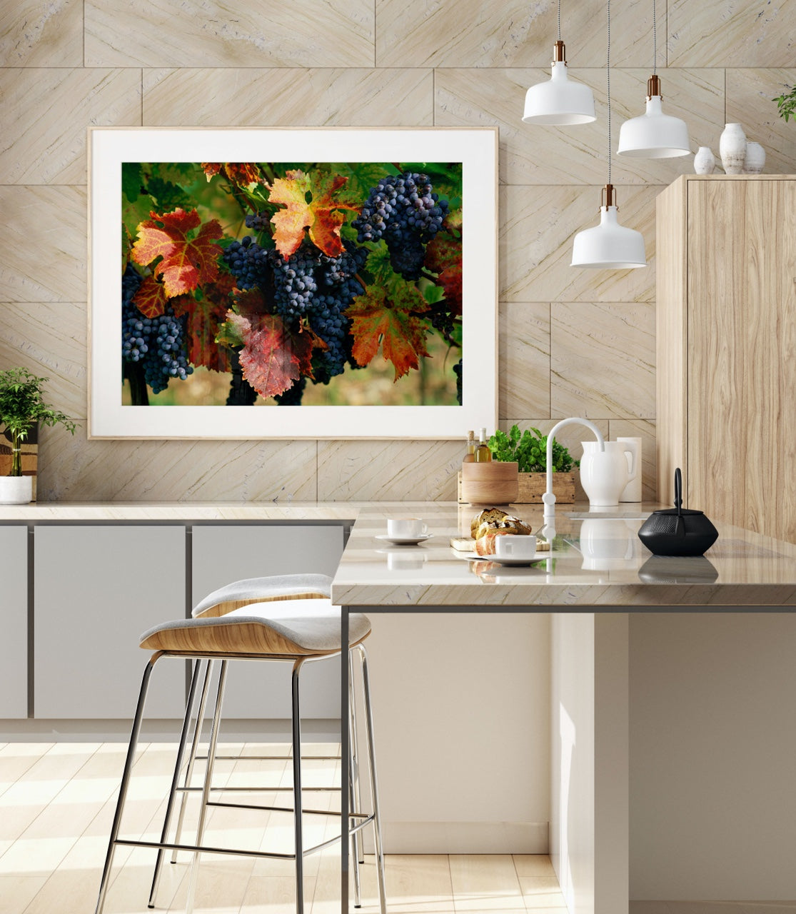 Framed print of vineyard in a modern kitchen