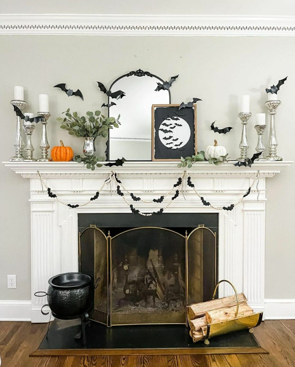 mantel with Halloween decor