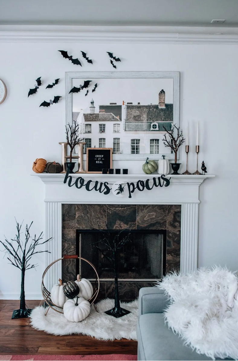 Halloween decor in living room fireplace