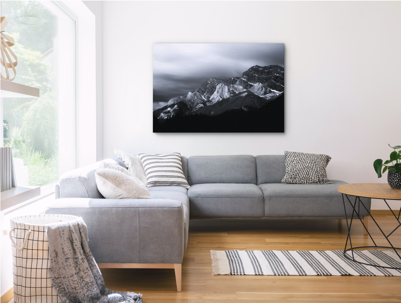 Black and White Snowy Mountain Art over Couch