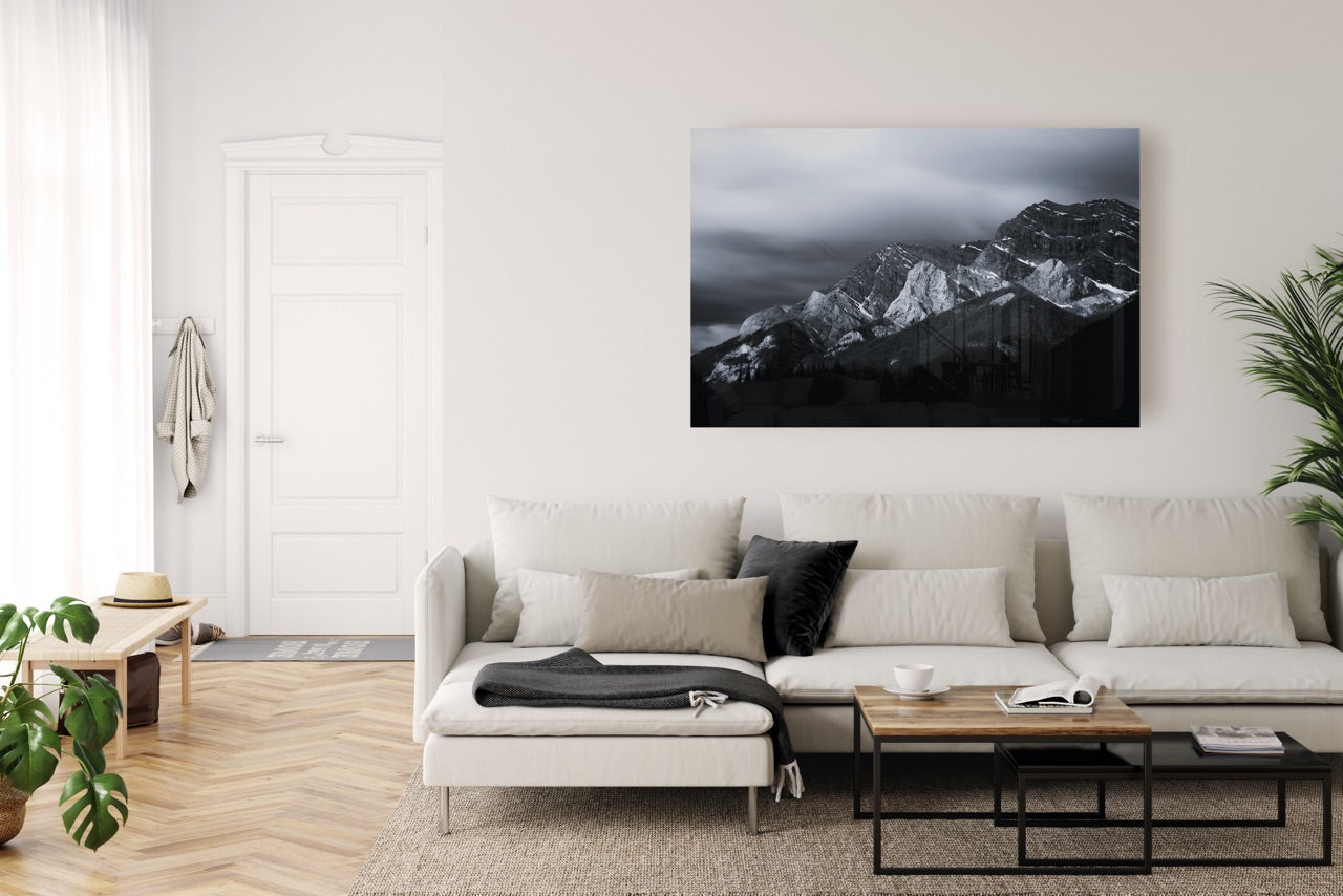 black and white mountain photograph in living room
