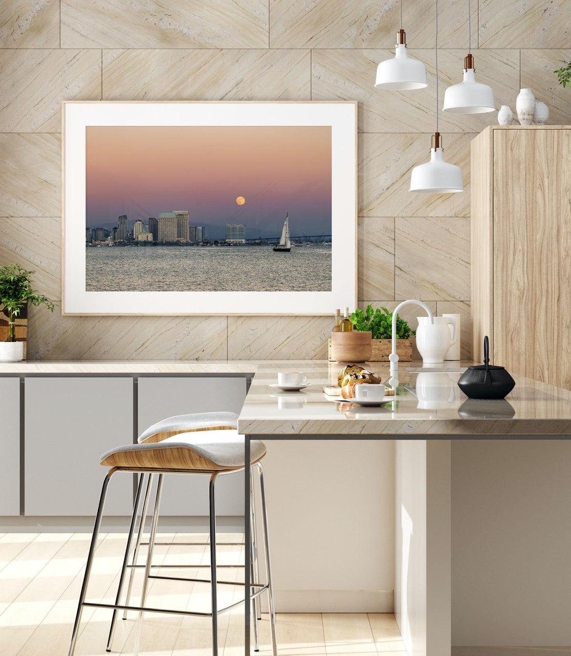 Framed San Diego photograph in kitchen