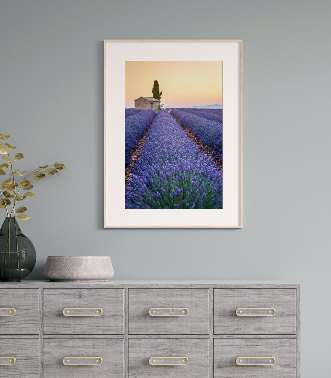 Framed wall art of a lavender field