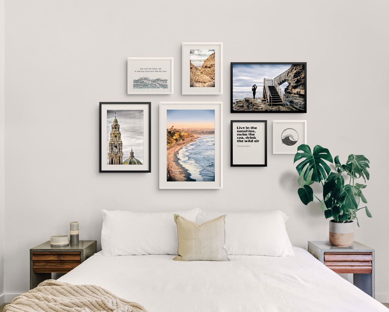 surfer gallery wall over bed