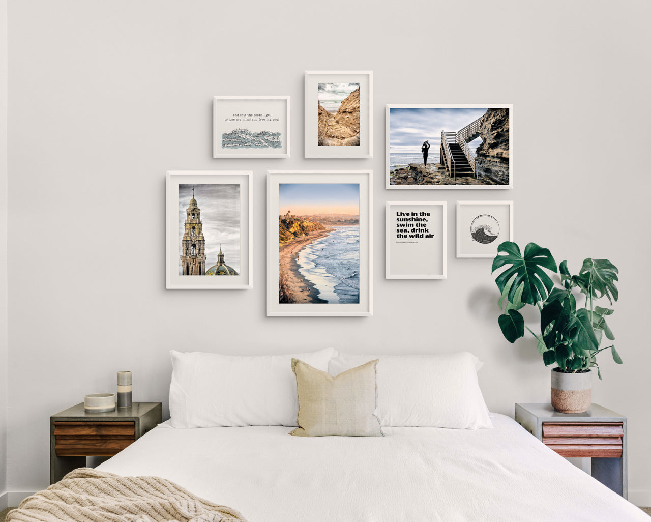 beach house gallery wall over bed