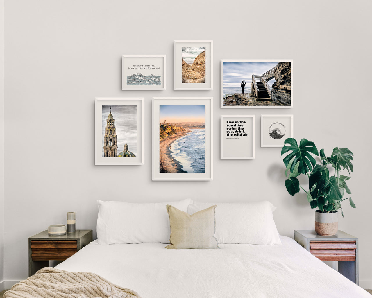surfer gallery wall over bed