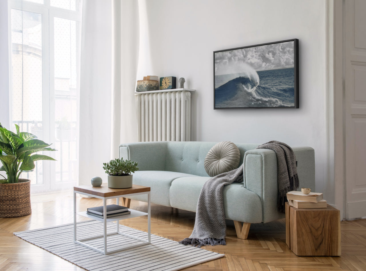 living room with wave wall art