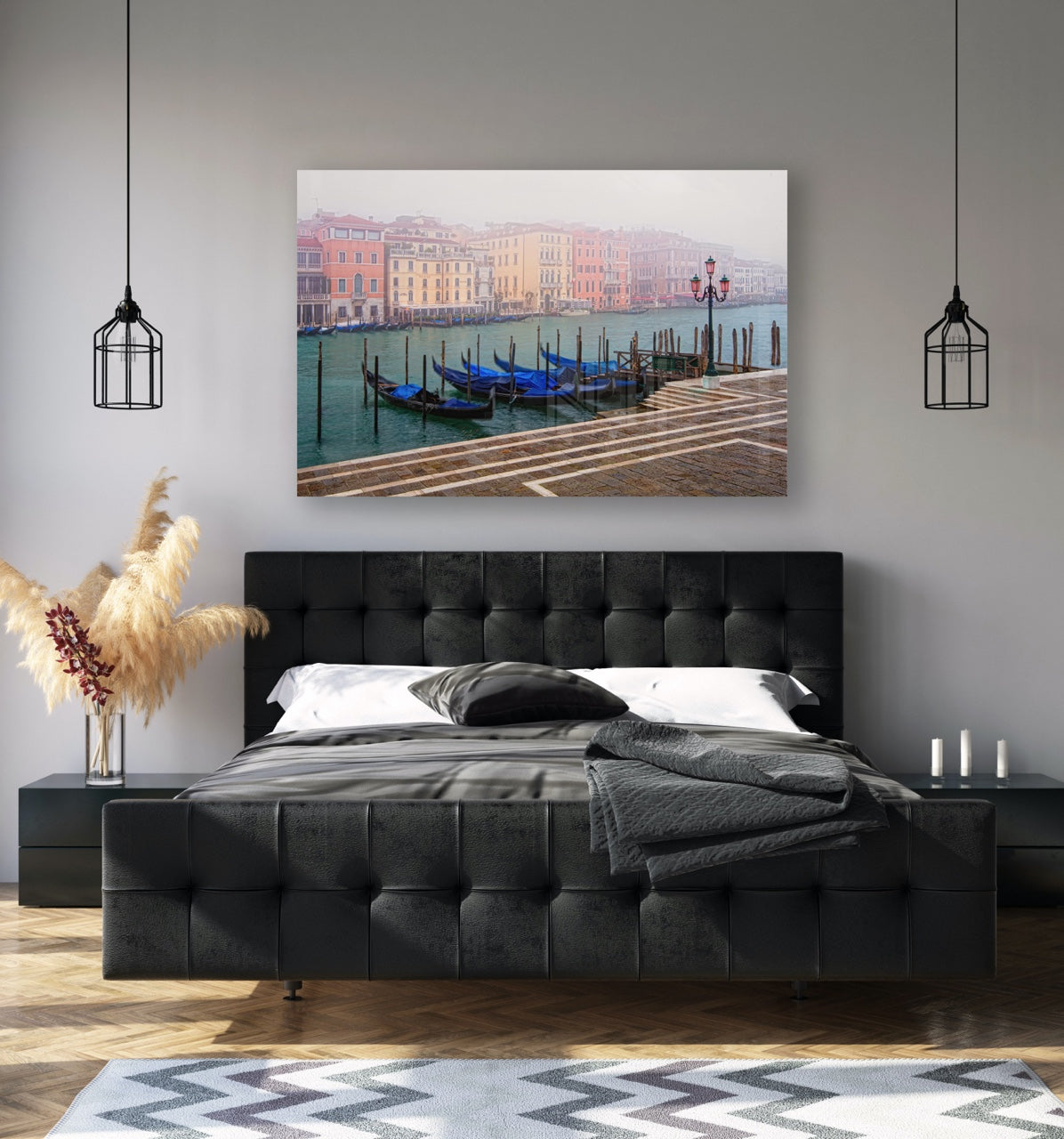 Wall art over bed of gondolas in Venice Italy