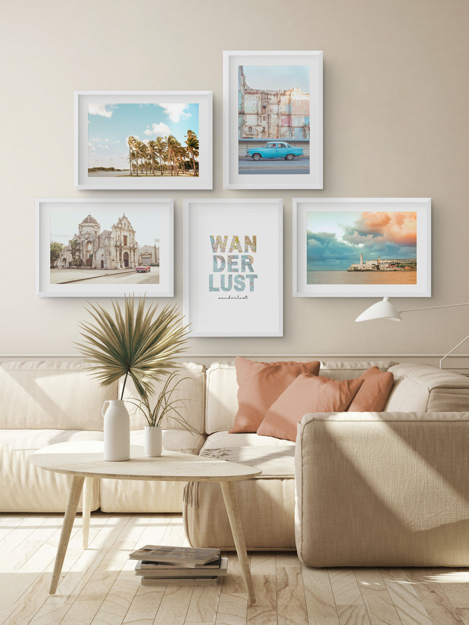 travel gallery wall in living room