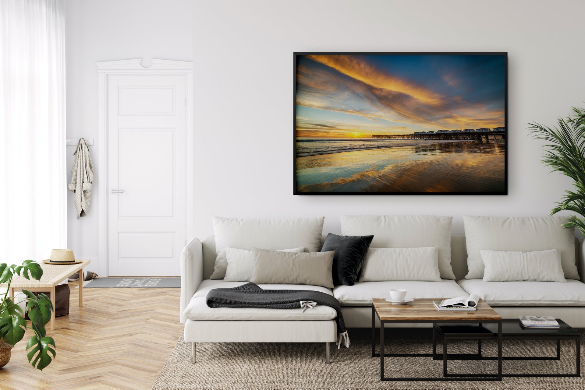 modern living room with beach photography print