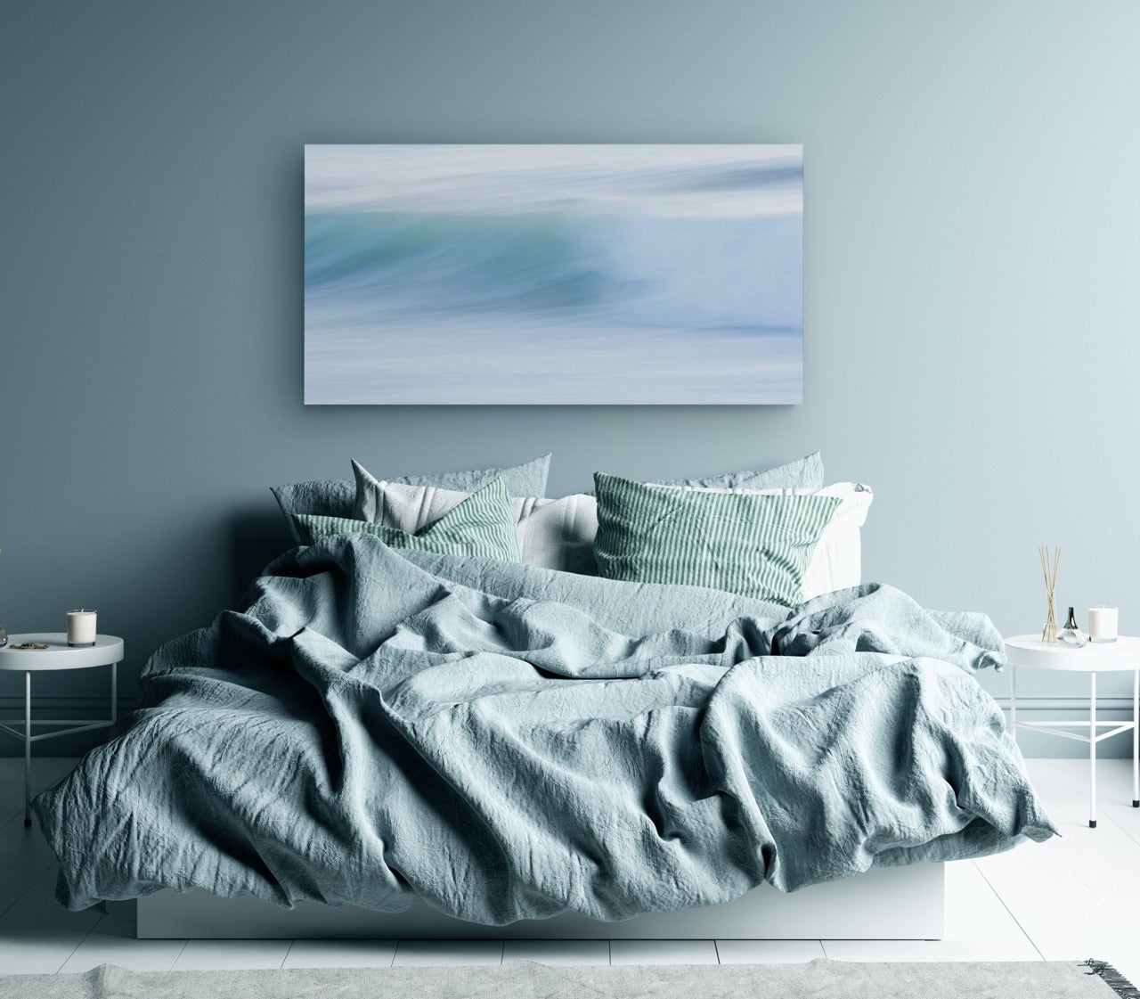 abstract ocean art in bedroom