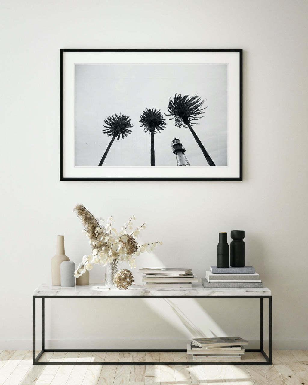 black and white palm trees art print