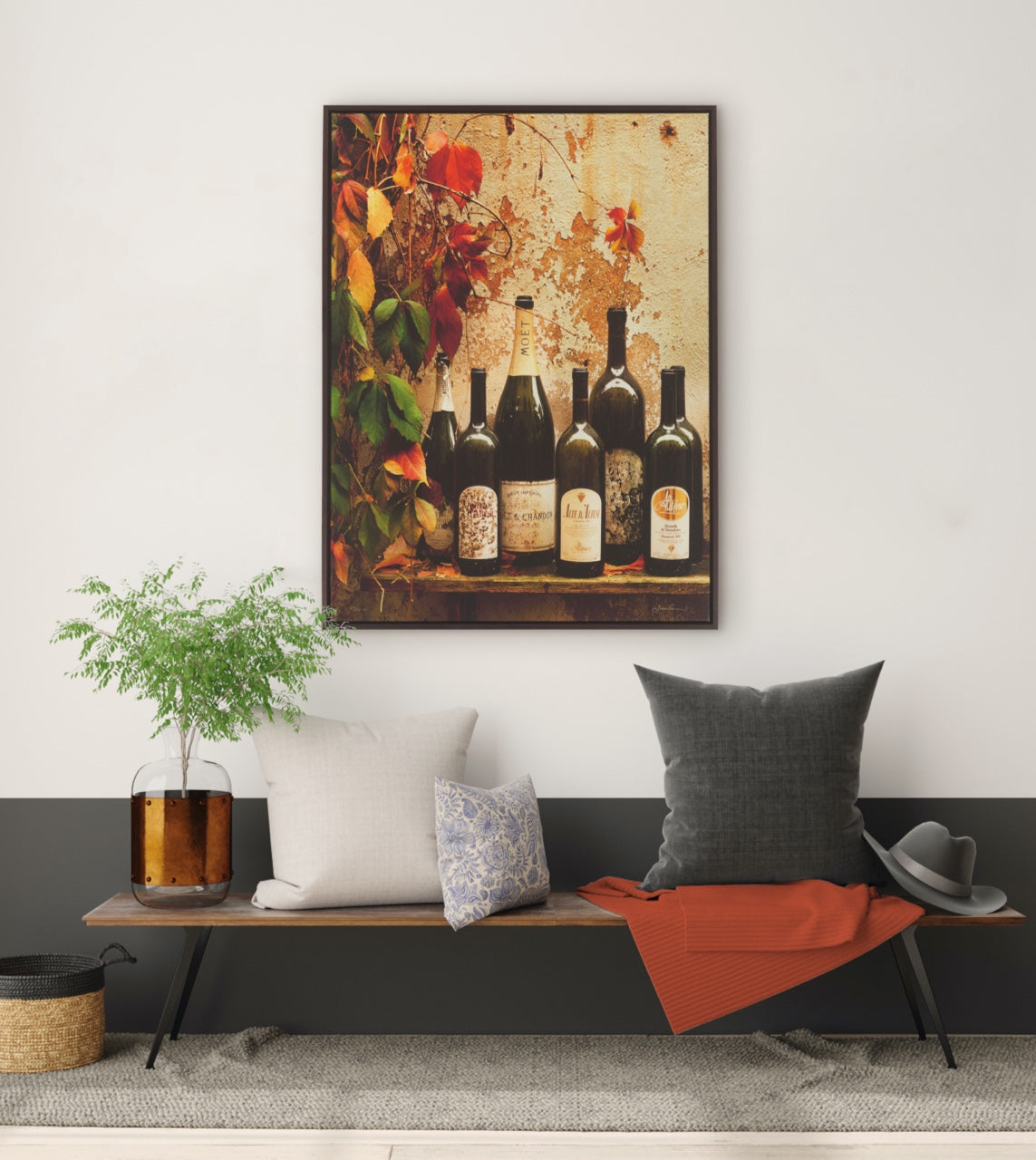 wall art with wine bottles in a modern classic home