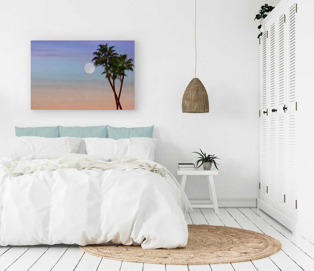 beach house bedroom with sunset art