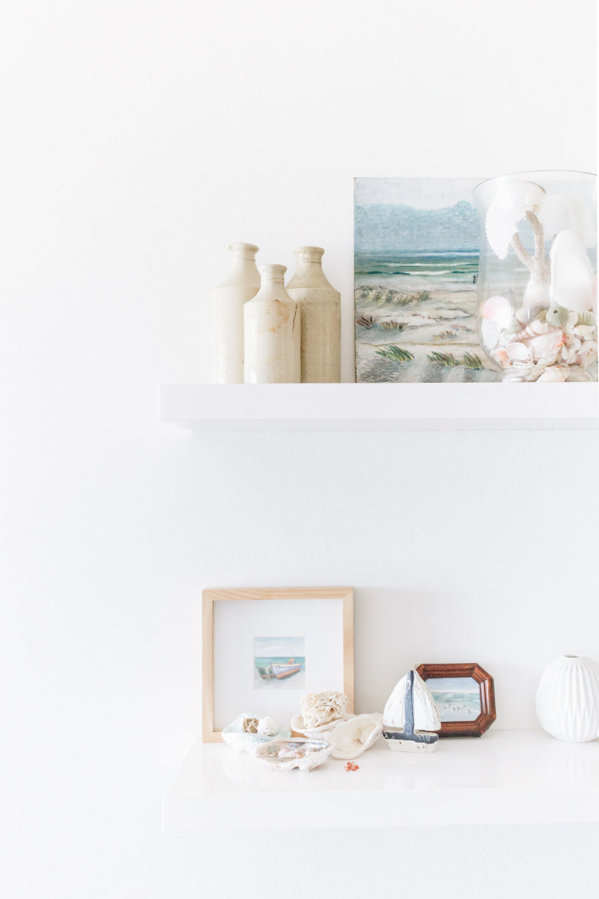 decorated shelves in beach house