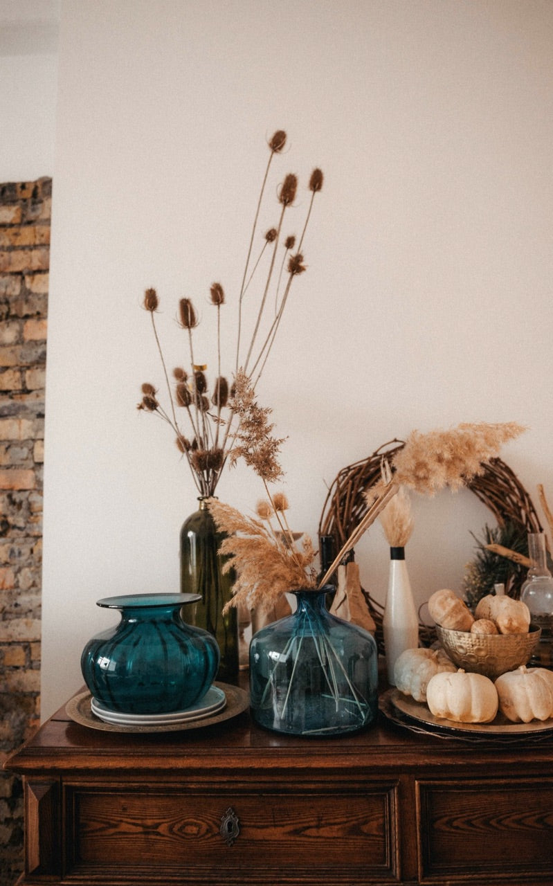 fall decor with blue vases