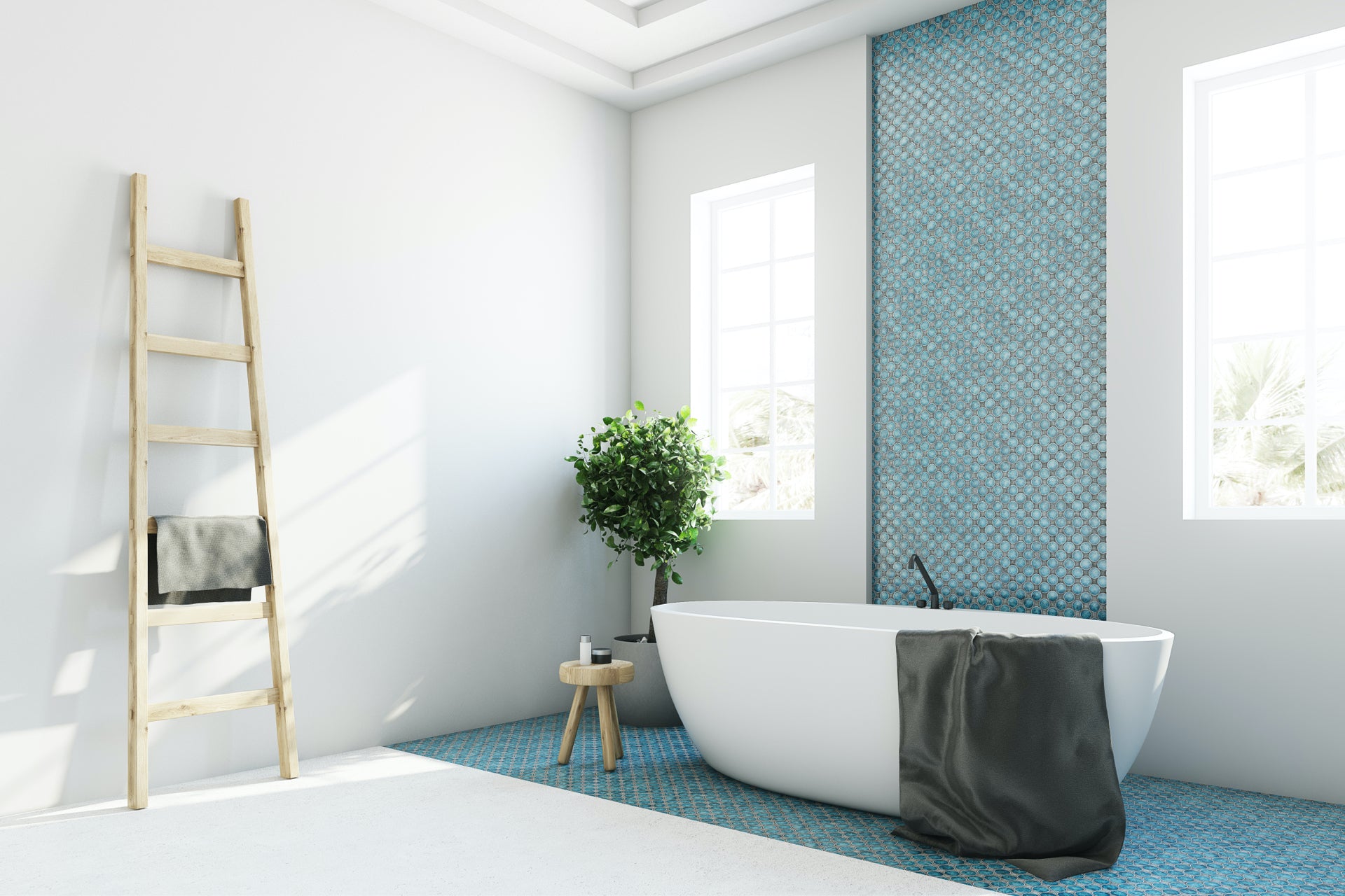 coastal bathroom with turquoise tile accent