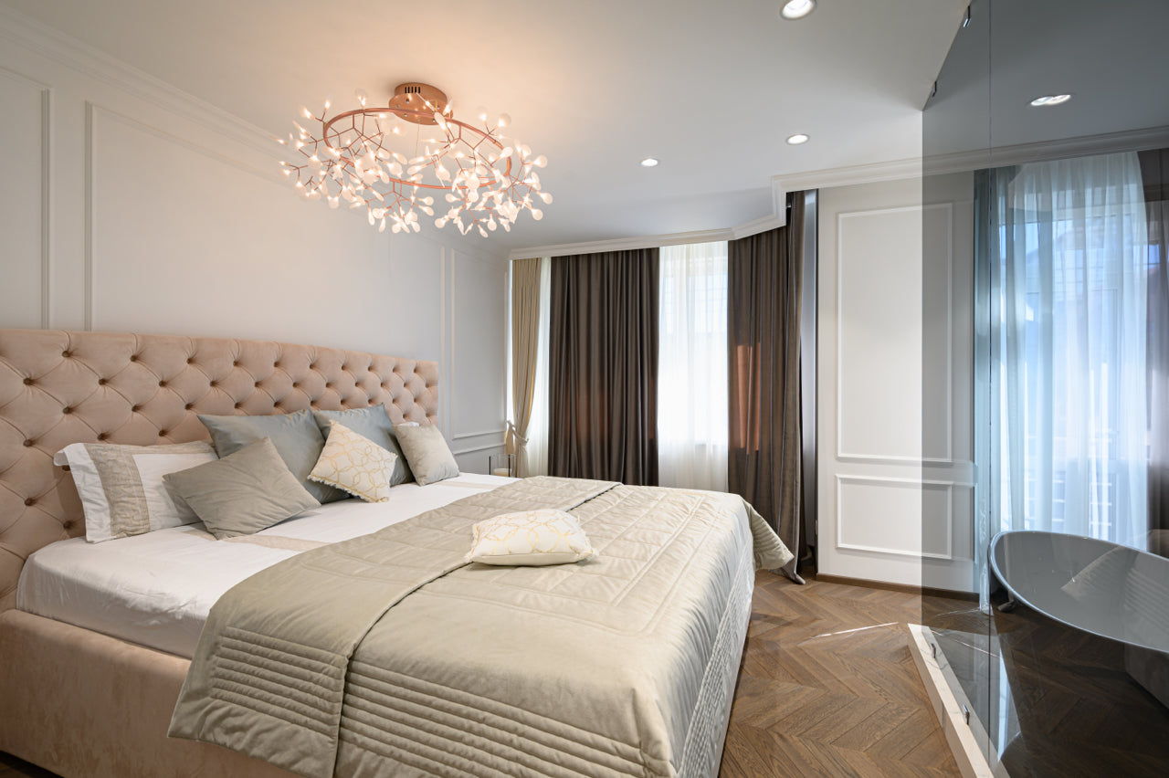 warm romantic bedroom with chandelier