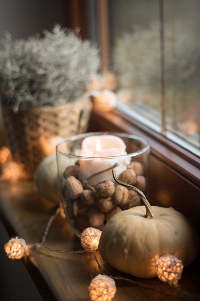 fall decorations with string lighting
