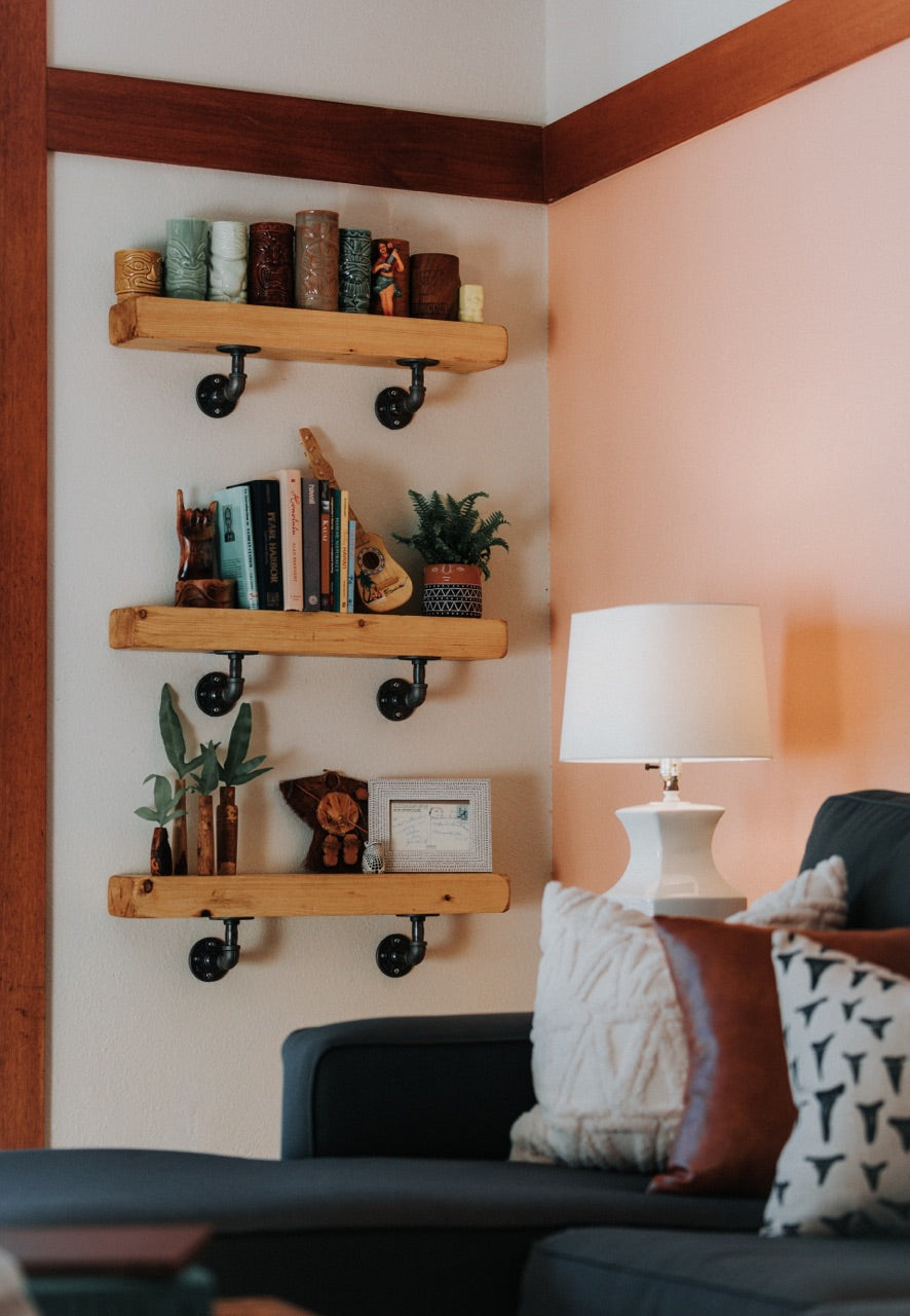 living room with floating shelves
