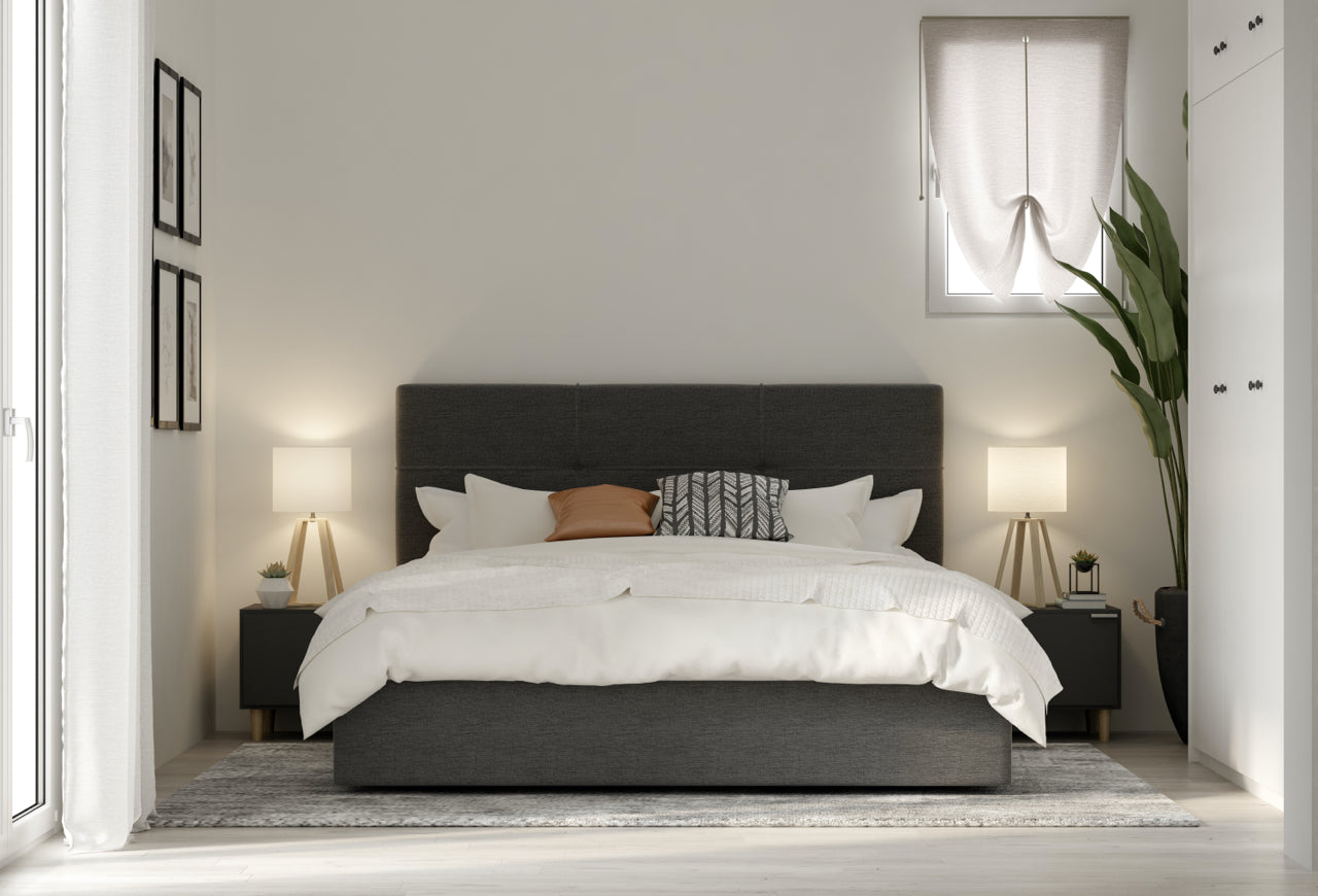 modern gray bed in white bedroom