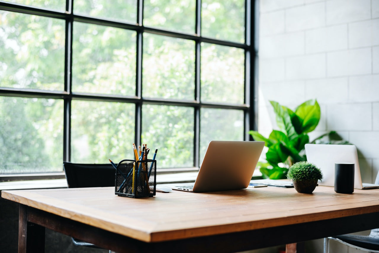 minimalist office with bright window