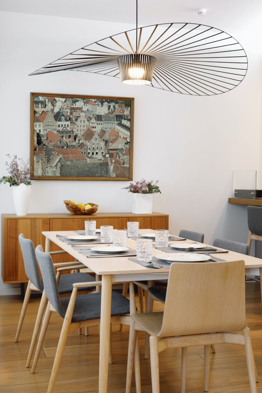 art deco chandelier in modern dining room