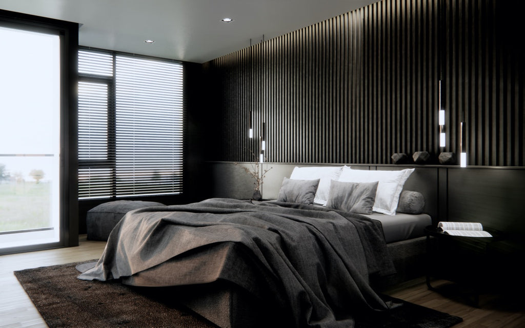 modern bedroom with black walls