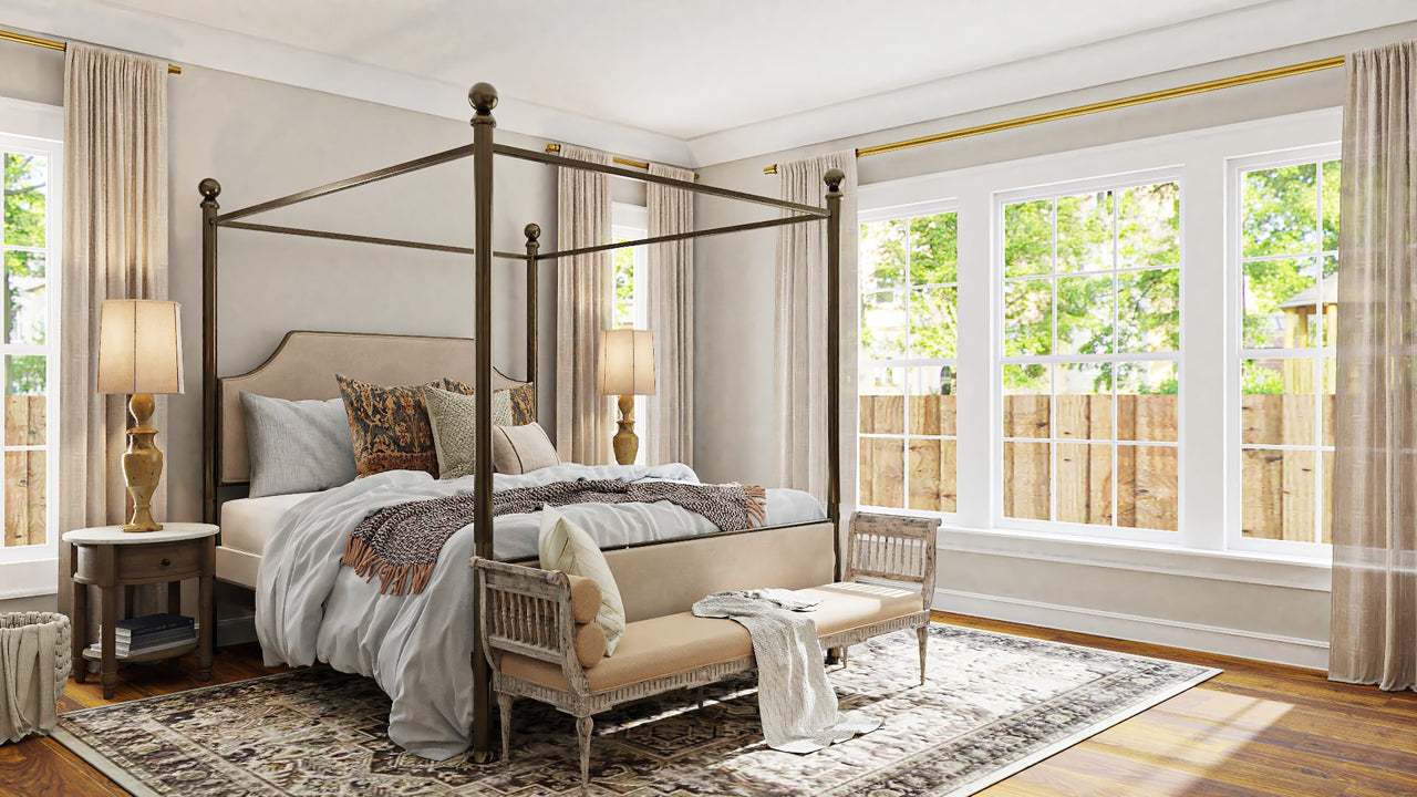 four poster bed with big windows