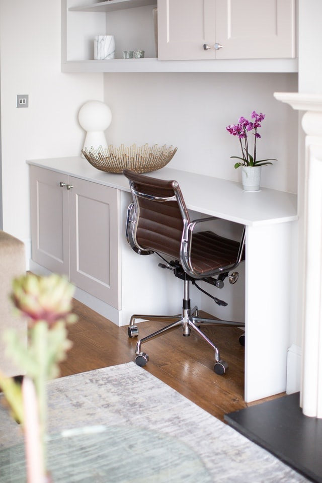 modern white built in office cabinets