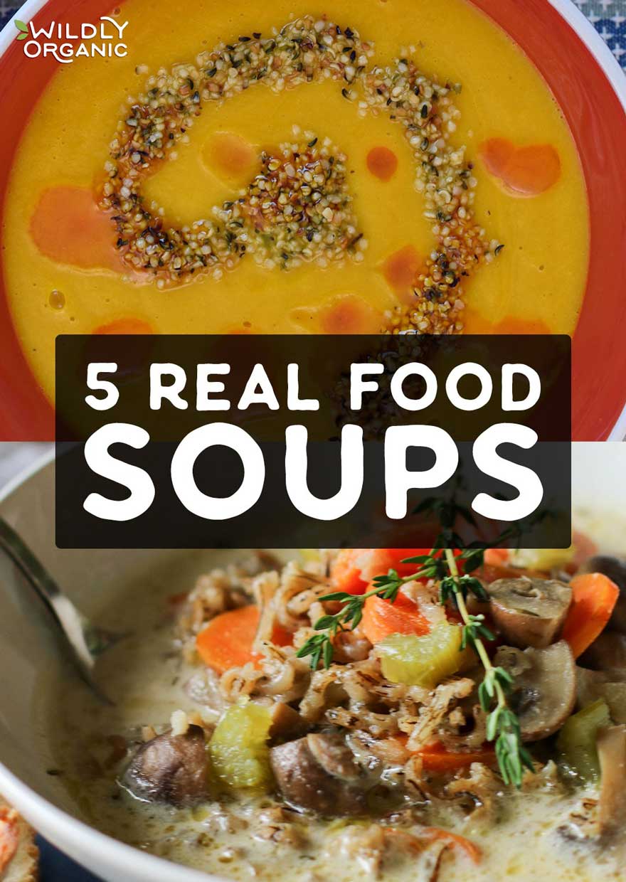 Photo of two different real food soups. | 5 Real Food Soups | When the weather gets cooler, dig right in to a comforting bowl of soup that is nutritious, too. We have you covered with these 5 Real Food Soup Recipes! #realfood #soup #allergyfriendly #dinnerrecipes #dinner #easyrecipes #fallfood