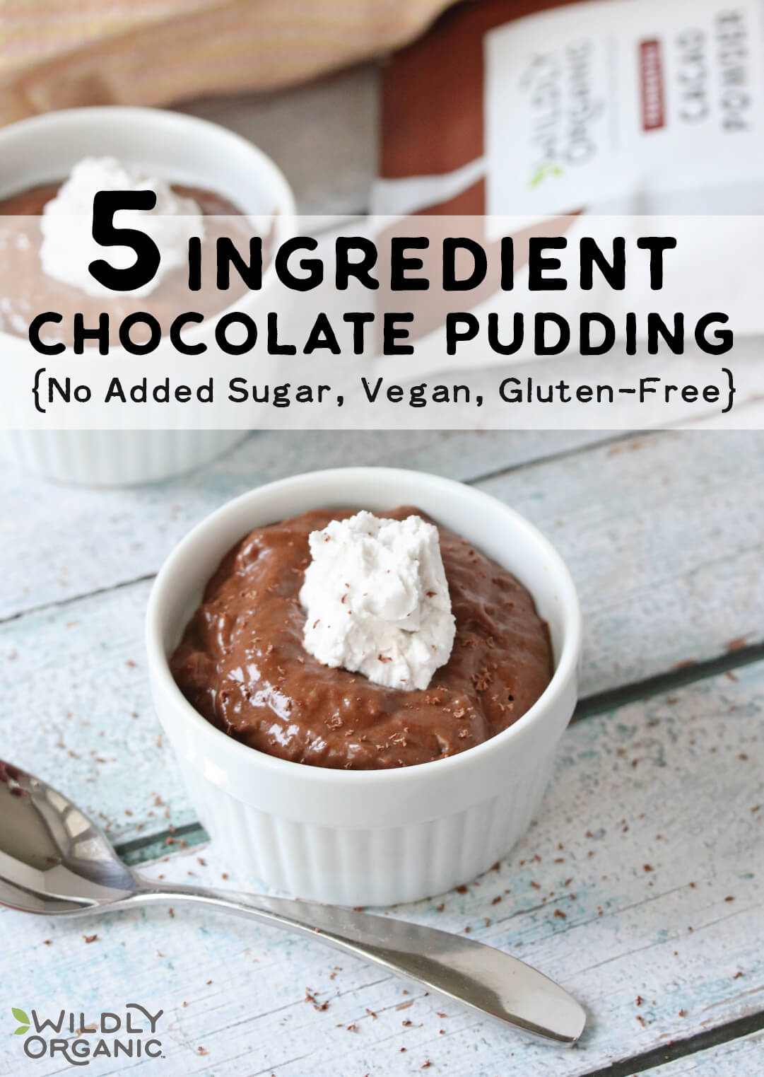 A photo of a ramekin filled with 5-ingredient chocolate pudding with fermented cacao powder.