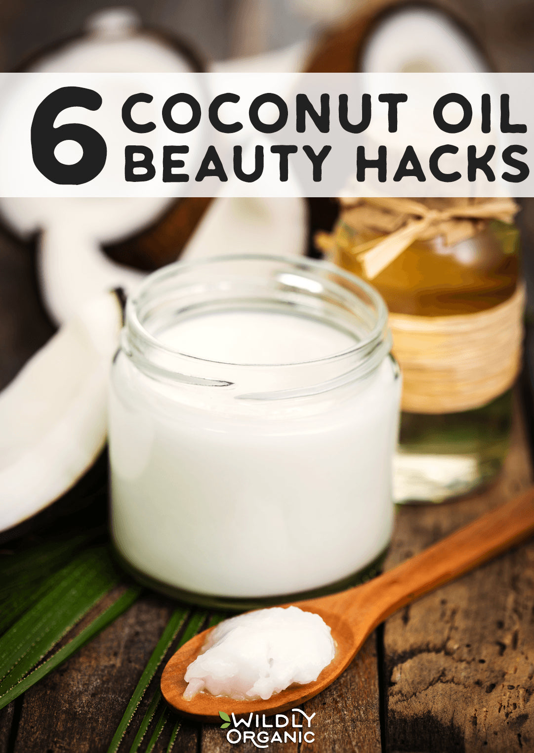 A photo of a jar of coconut oil with a spoon of coconut oil to use in beauty hacks.