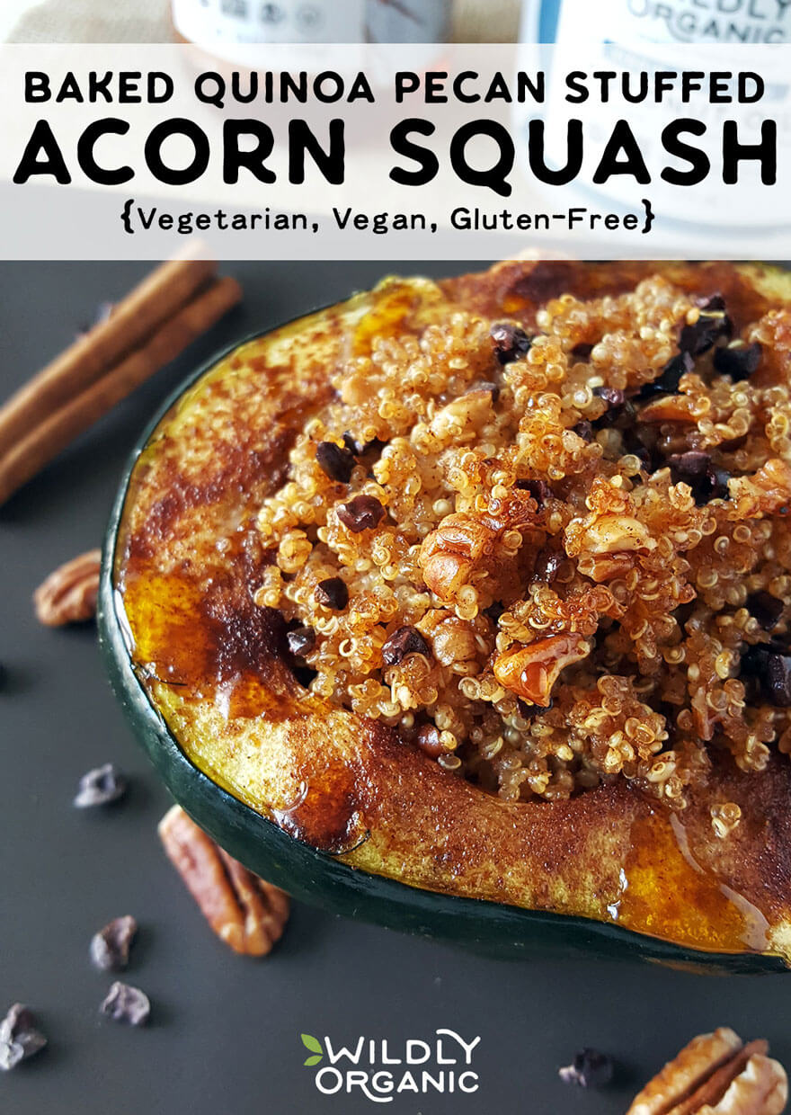 Baked Quinoa Pecan Stuffed Acorn Squash | This beautiful stuffed quinoa pecan acorn squash recipe makes a perfectly healthy and delicious treat for vegans, vegetarians, and it's gluten-free. Organic quinoa, fall spices, coconut syrup, pecans, and dark cacao nibs are all nestled in beautiful orange-fleshed acorn squash makes for a nourishing vegetarian dish. #veganrecipes #vegetarianrecipes #squash #fallfood #easyrecipes #glutenfree #allergyfriendly