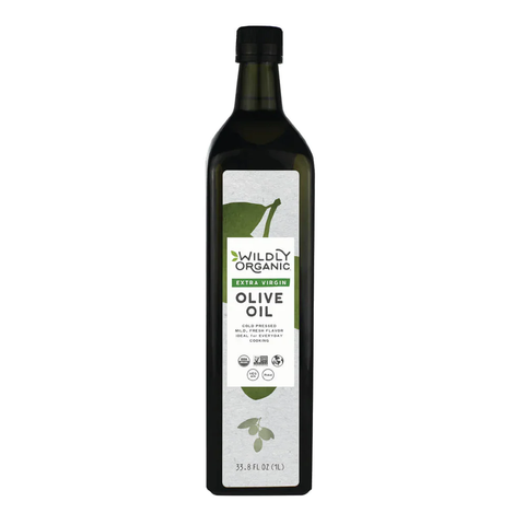 A dark bottle of Wildly Organic’s Olive Oil