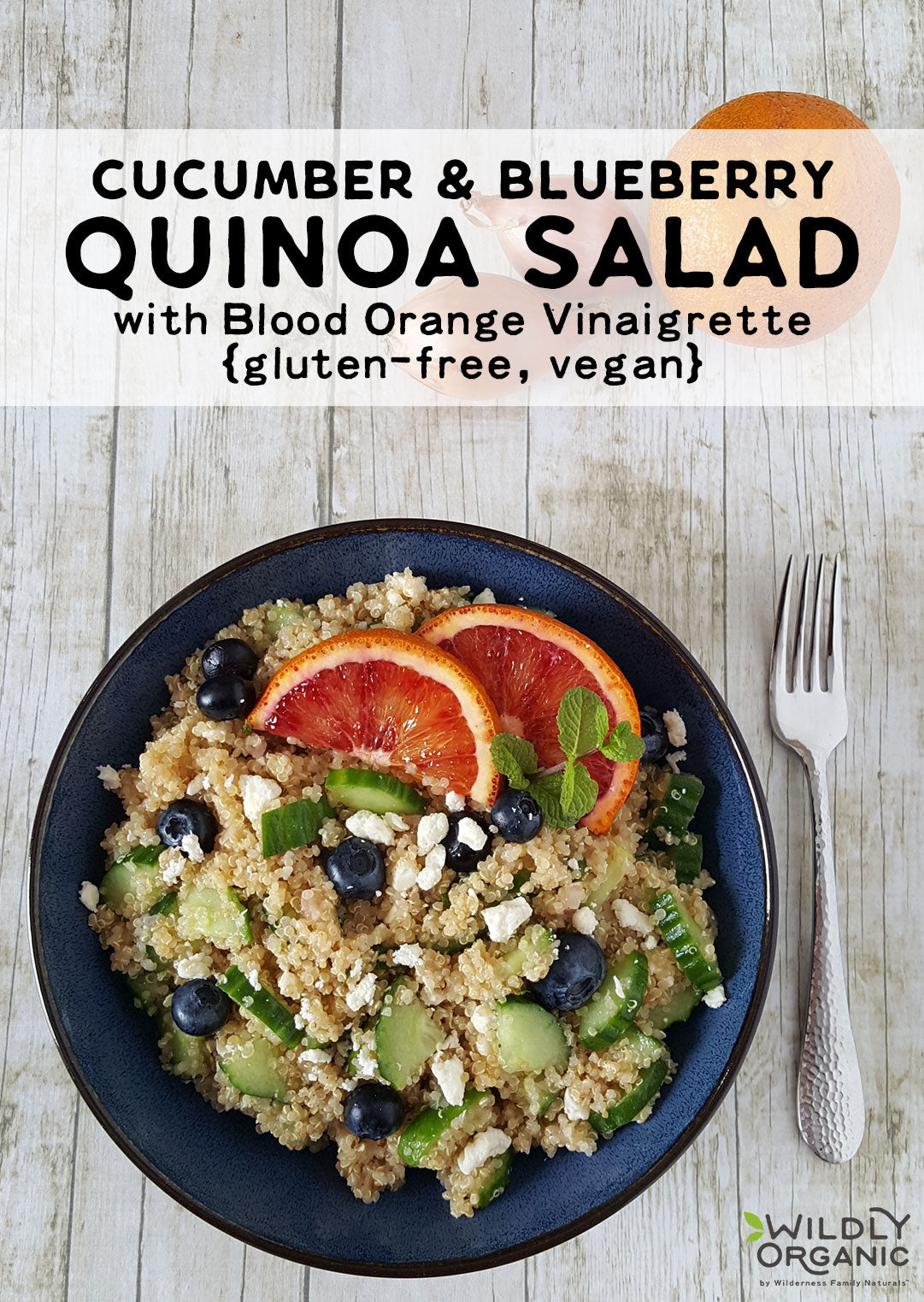 This Cucumber & Blueberry Quinoa Salad with Blood Orange Vinaigrette is light, bright, and fresh. Crunchy cucumber, salty bits of feta, a hint of mint, and pop of blueberry sweetness, surrounded by mildly nutty quinoa, are all wrapped in a refreshing blood orange vinaigrette.