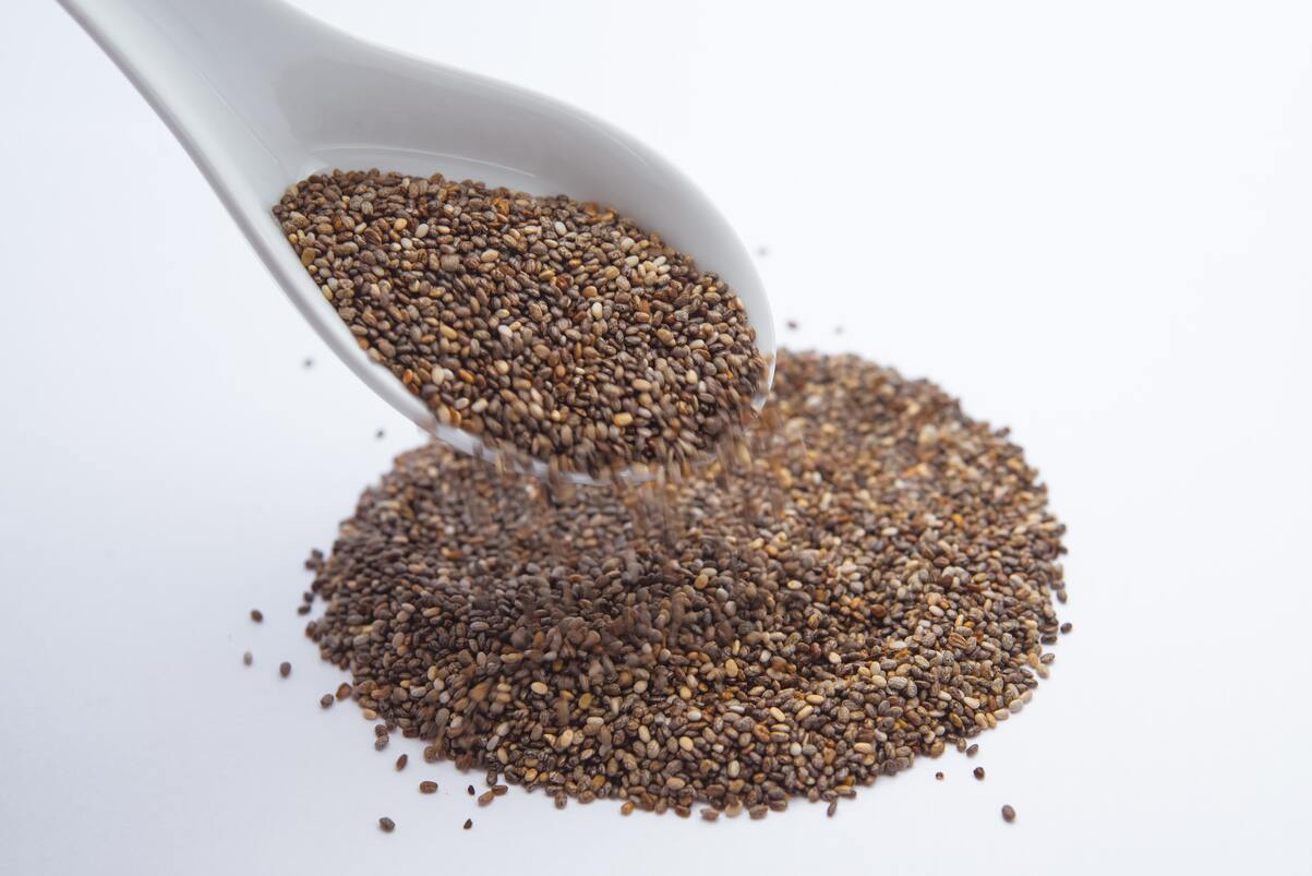 Chia seeds in a white spoon