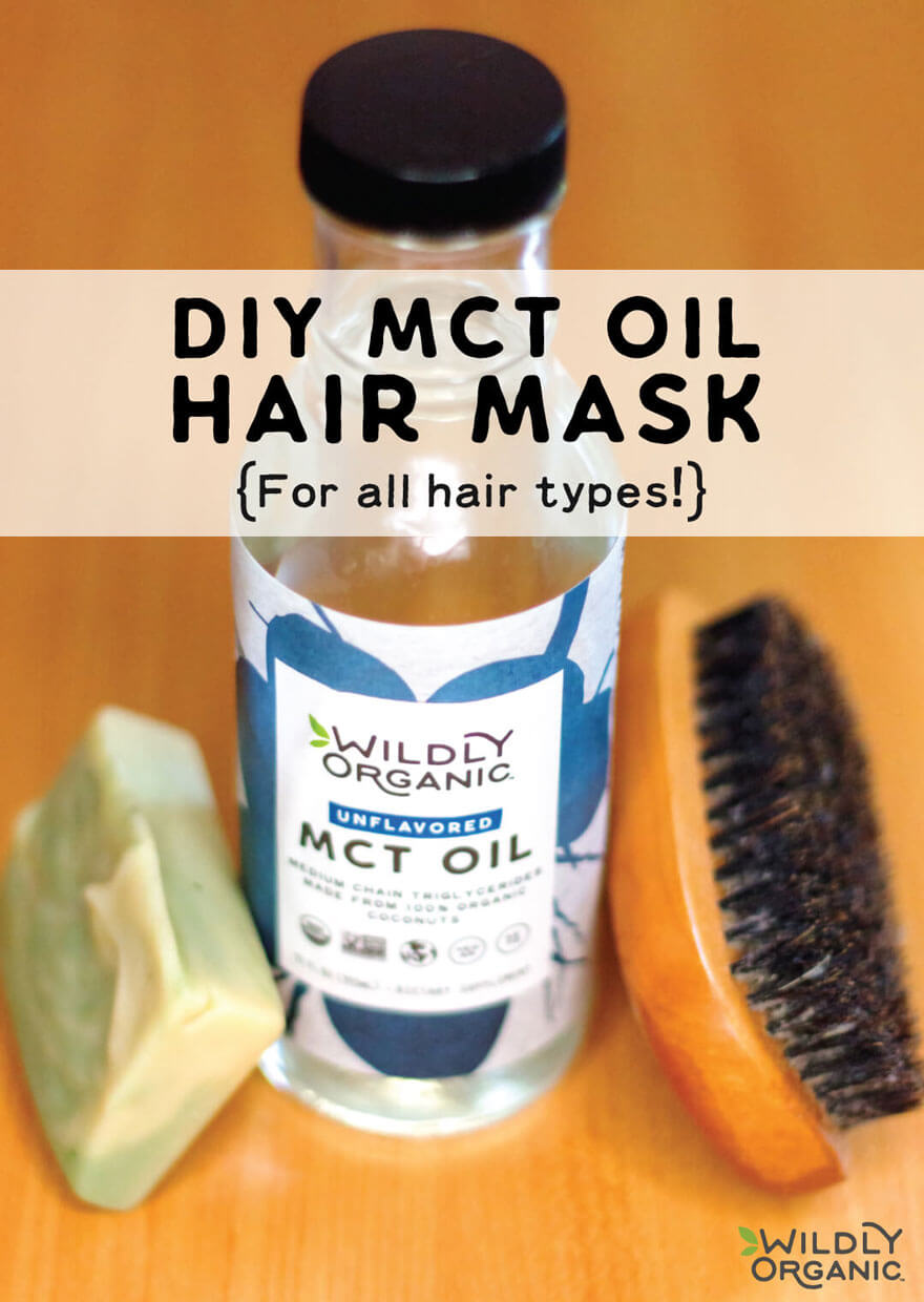 A photo of a bottle of Wildly Organic MCT Oil with a brush to make a MCT oil hair mask.